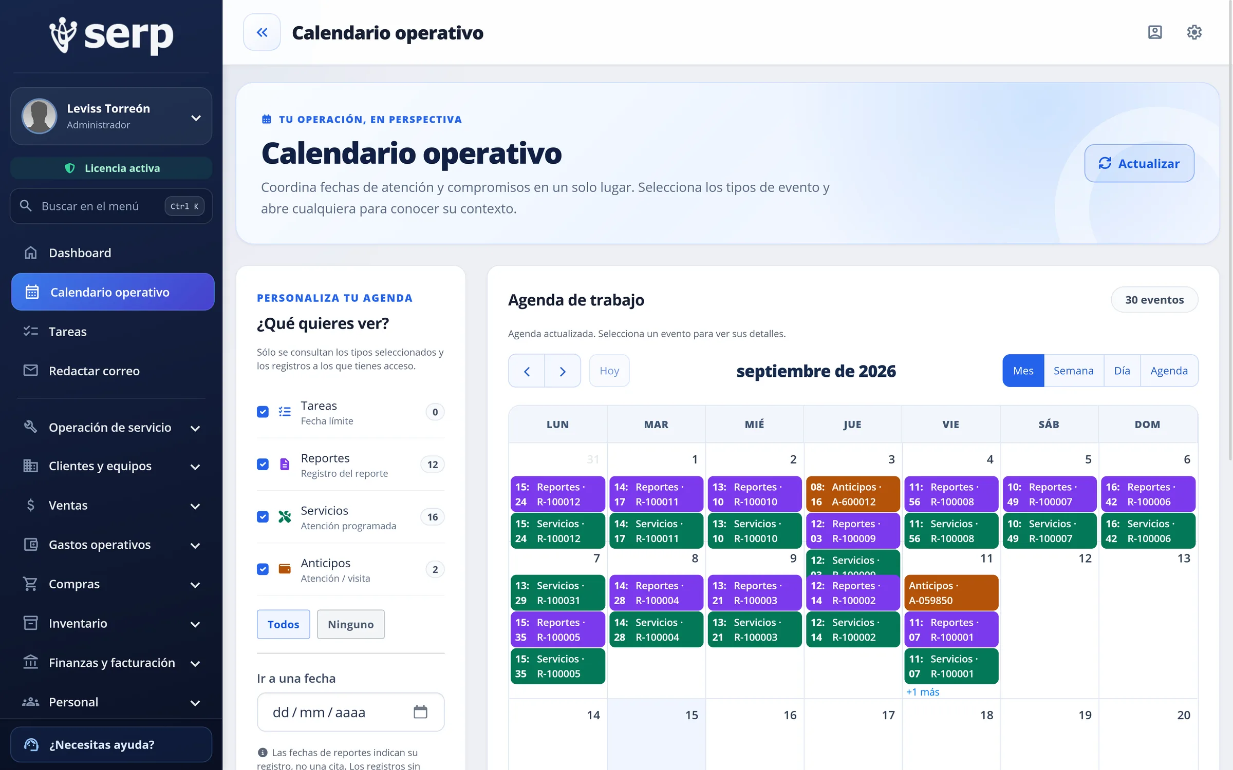 Vista de Calendario operativo en SERP