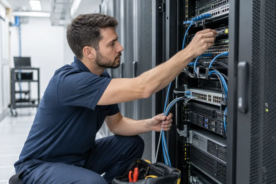 Técnico de sistemas trabajando en un rack de servidores