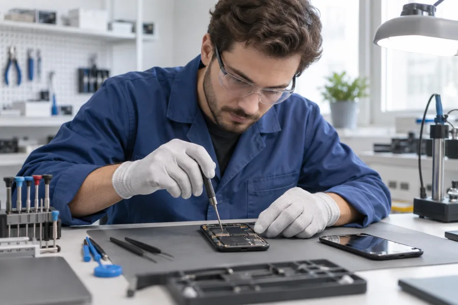 Técnico reparando un celular en un taller de electrónica