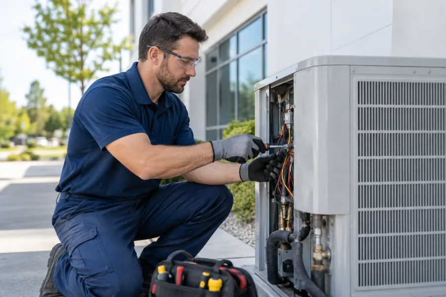 Técnico realizando mantenimiento a un aire acondicionado
