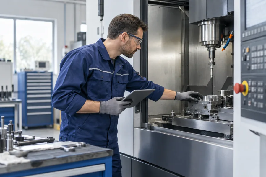 Especialista revisando maquinaria en un taller industrial