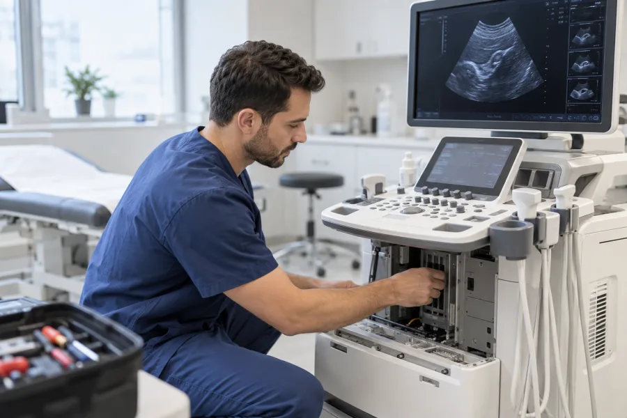 Técnico biomédico revisando un equipo de ultrasonido